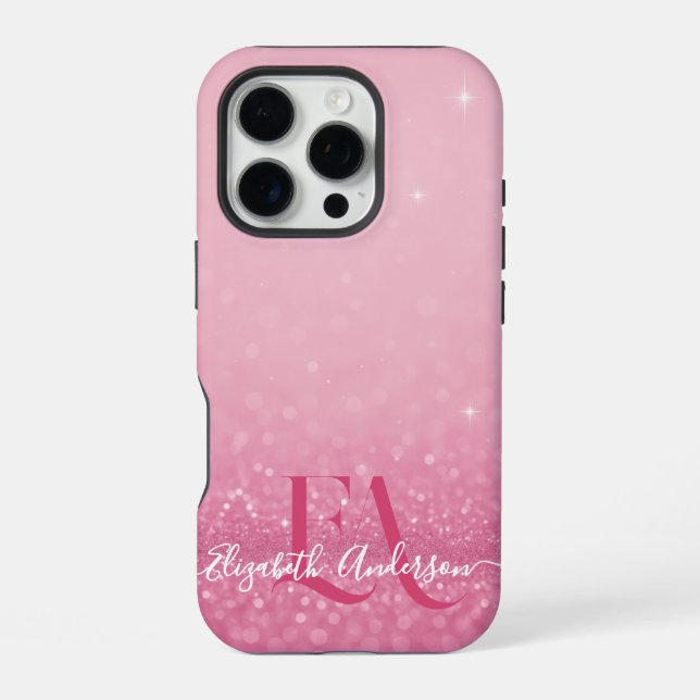 Pink Glitzer iPhone Case mit Initialen & Name 16 Pro Hülle (Rückseite)