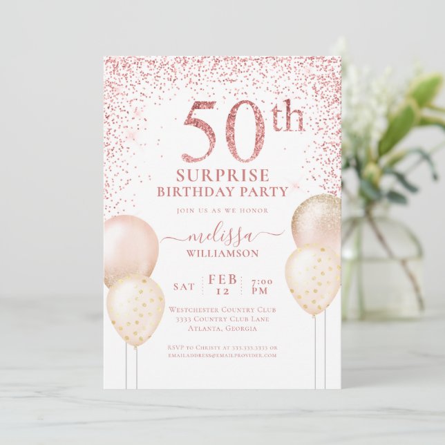 Pink Glitzer Kalligraphie Überraschung 50. Geburts Einladung (Stehend Vorderseite)
