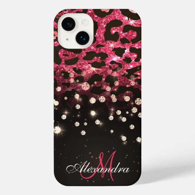 Pink Glitzer Leopard Print und Diamonds iPhone 14 Plus Hülle (Rückseite)