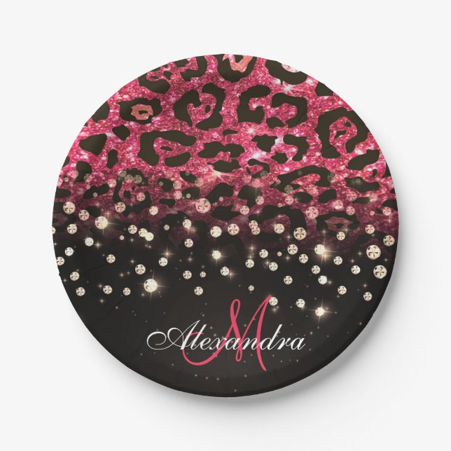 Pink Glitzer Leopard Print und Diamonds Pappteller (Vorderseite)
