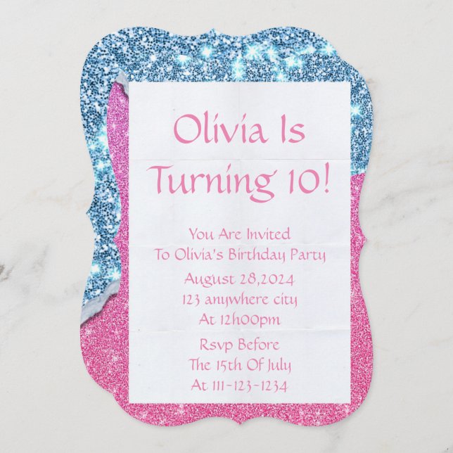 PINK GLITZER MÄDCHEN EINLADUNG (Vorne/Hinten)