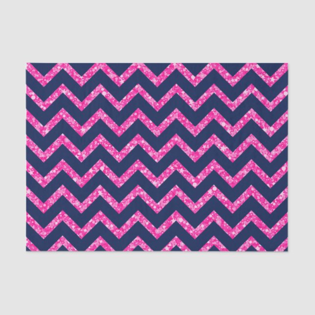 Pink Glitzer & Navy Blue Zickzack Zigzag Muster Seidenpapier (Vorderseite)