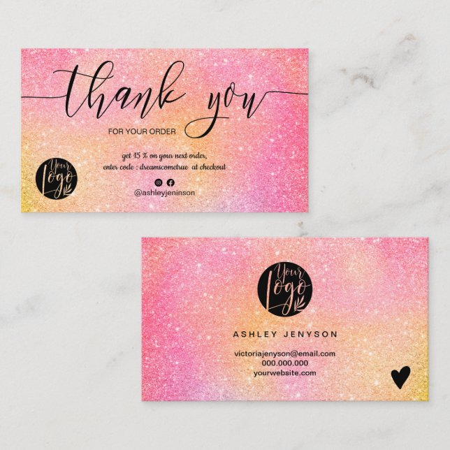 Pink Glitzer ombre script logo order danke Visitenkarte (Vorne/Hinten)