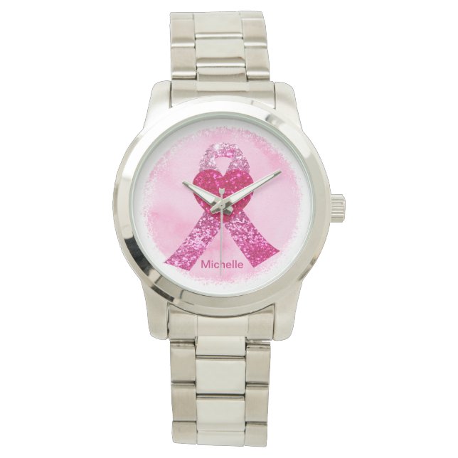 Pink Glitzer Ribbon Brustkrebs personalisiert Armbanduhr (Vorderseite)