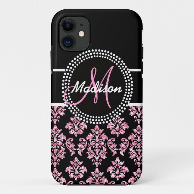 PINK GLITZER SCHWARZ DAMASK IHR MONOGRAMM Case-Mate iPhone HÜLLE (Rückseite)