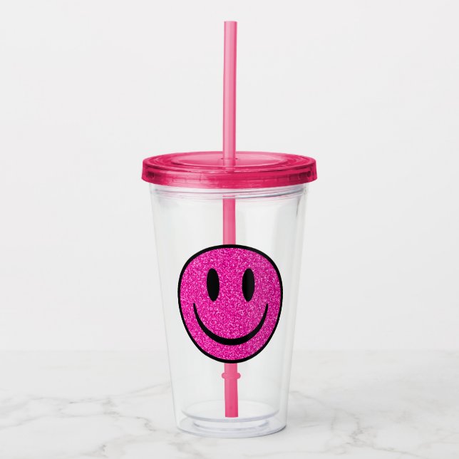 Pink Glitzer Smile Face Acryltrinkbecher (Vorderseite)