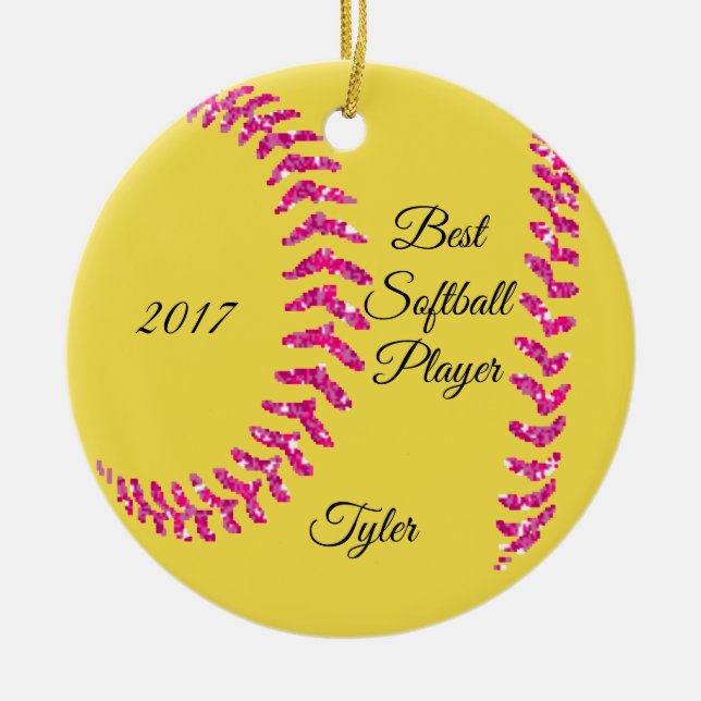Pink Glitzer Softball Stifte Keramik Ornament (Vorne)