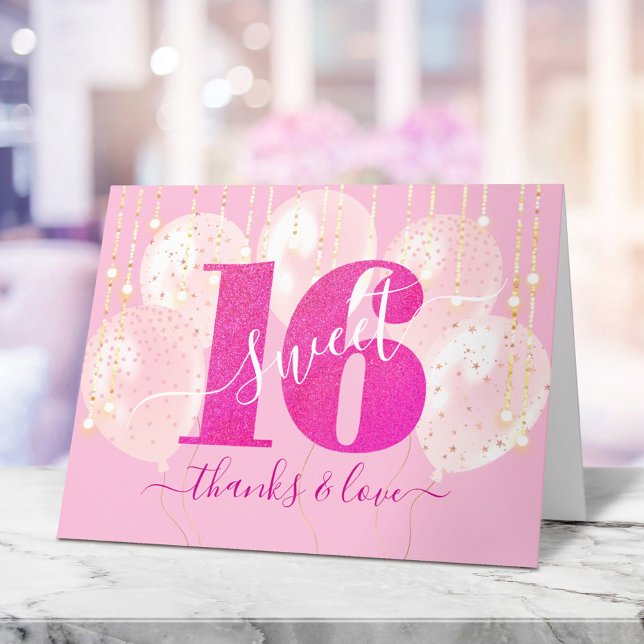 Pink Glitzer Sweet 16 Birthday Balloon Girly Glam Dankeskarte (Von Creator hochgeladen)