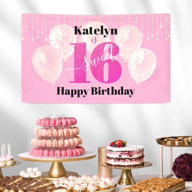 Pink Glitzer Sweet 16 Birthday Balloons Script Banner (Von Creator hochgeladen)