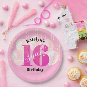 Pink Glitzer Sweet 16 Birthday Balloons Script Pappteller