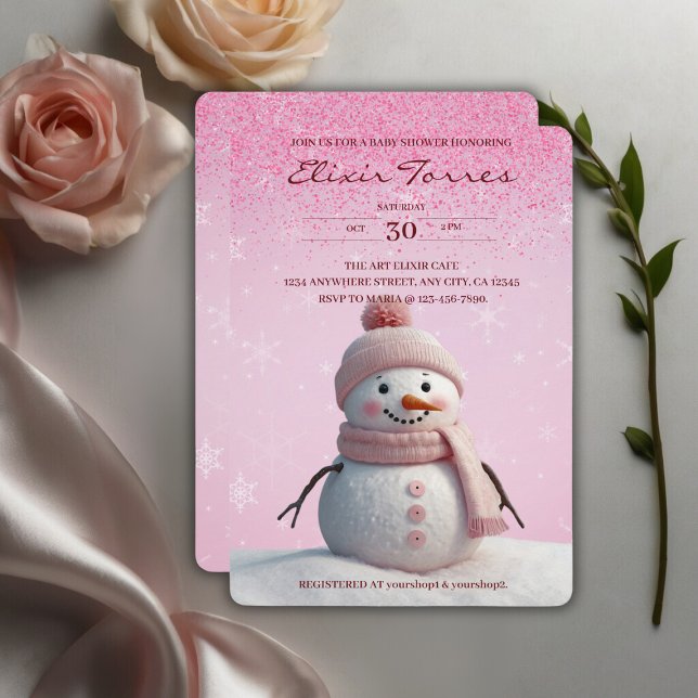Pink Glitzer Winter Snowman Babydusche Einladung (Von Creator hochgeladen)