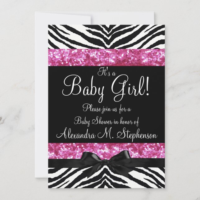 Pink Glitzer Zebra Bow Baby Shower Girl Einladung (Vorderseite)