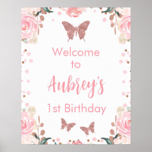 Pink Glitzern Butterfly Geburtstag Begrüßungspult Poster