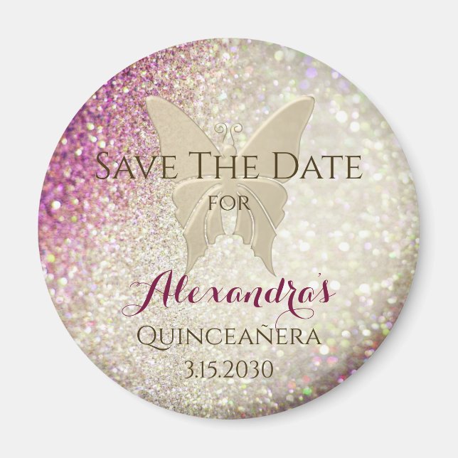 Pink Glitzern Butterfly Quinceñera Magnet (Vorne)