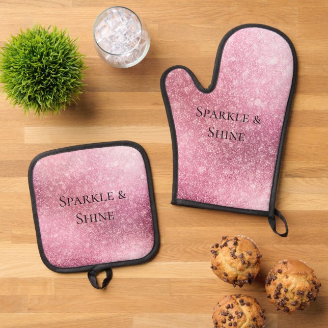 Pink Glitzy Sparkle Personalisiert Ofenhandschuh & Topflappen-Set (Oben Unten)
