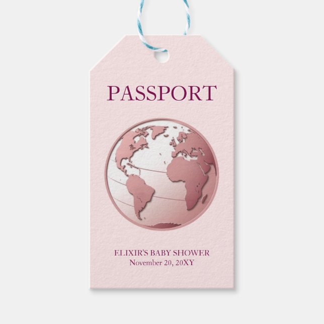 Pink Globe Passport Travel Baby Shower Geschenkanhänger (Vorderseite)