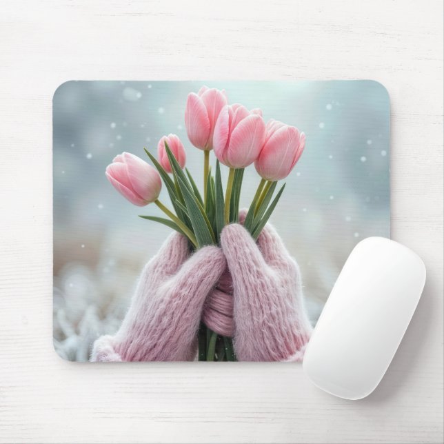 Pink Gloves Holding Tulip Bunch Mousepad (Mit Mouse)