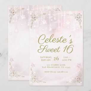 Pink Glow & Gold Celestial Funkeln Sweet 16 Party Einladung