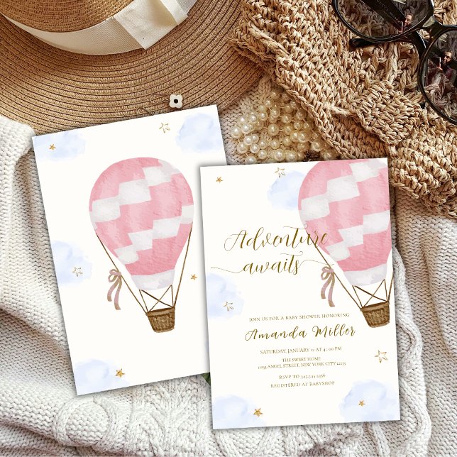 Pink Gold Adventure Hot Air Ballon Babydusche Einladung (Pink Gold Adventure Hot Air Balloon Baby Shower Invitation)