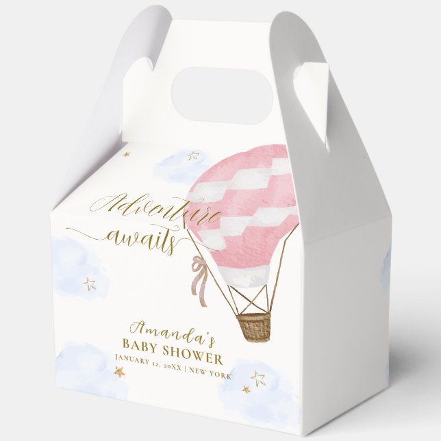 Pink Gold Adventure Hot Air Ballon Babydusche Geschenkschachtel (Rückseite)