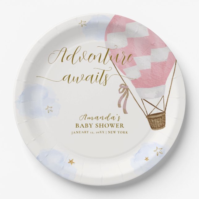 Pink Gold Adventure Hot Air Ballon Babydusche Pappteller (Vorderseite)