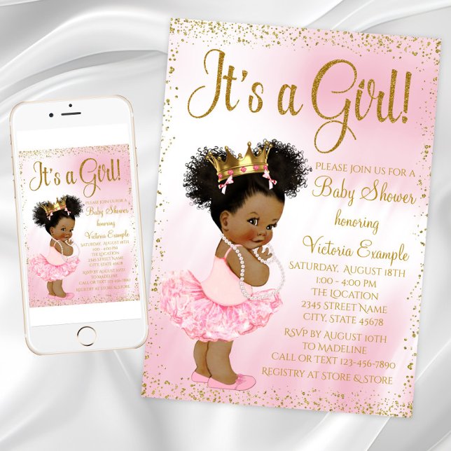 Pink Gold African American Princess Baby Dusche Einladung (Pink Gold African American Princess Baby Shower Invitation with cute baby girl with afro hair.)