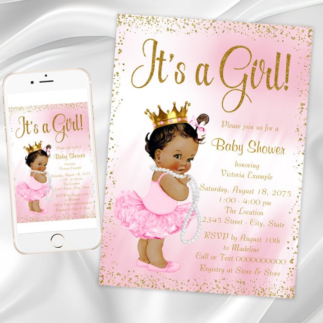 Pink Gold African American Princess Baby Dusche Einladung (Pink Gold African American Princess Baby Shower Invitation. Download - Printed invitations available)
