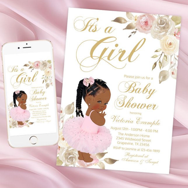 Pink Gold African Princess Tutu Baby Dusche Einladung (Pink Gold African Princess Baby Shower Invitation. Instant download - printed invitations available.)
