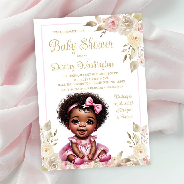 Pink Gold Afro Girl Babydusche Einladung (Simply add your event details to this adorable baby shower invitation.)