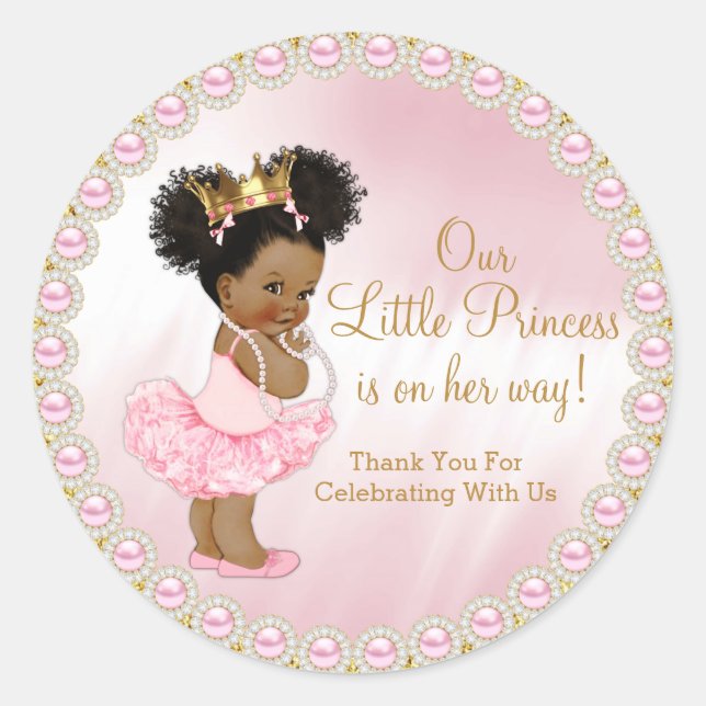Pink Gold Afro Princess Baby Dusche Gefallen Runder Aufkleber (Vorderseite)