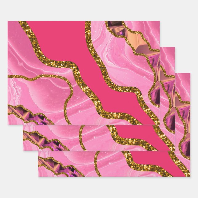 Pink & Gold Agate Geode Glitzer Geschenkpapier Set (Set)
