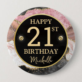 Pink Gold Agate Glitter Birthday Badge Button