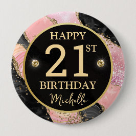 Pink Gold Agate Glitter Birthday Badge Button