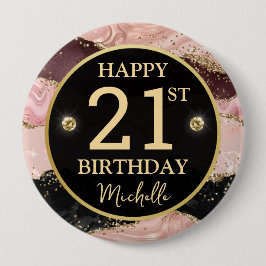 Pink Gold Agate Glitter Birthday Badge Button