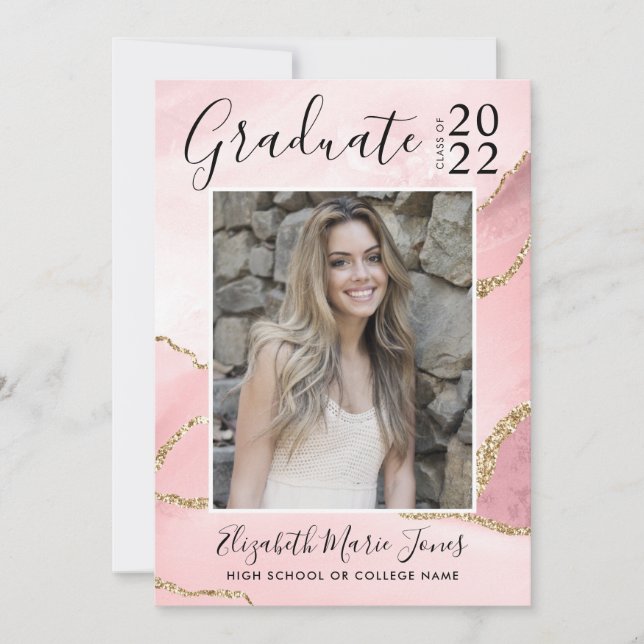 Pink Gold Agate Glitzer Graduate Foto Abschluss Ankündigung (Vorderseite)