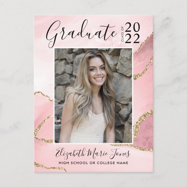 Pink Gold Agate Glitzer Graduate Foto Abschluss Postkarte (Vorderseite)