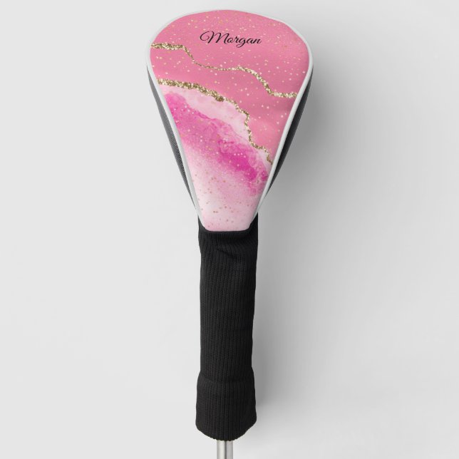 Pink & Gold Agate Gold Stars DIREKT Name Schwarzes Golf Headcover (Vorderseite)