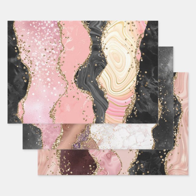Pink Gold Agate Marble Glitter Abstract Design Geschenkpapier Set (Set)