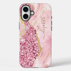 Pink Gold Agate Marmorname Skript iPhone 16 Plus Hülle