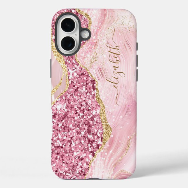 Pink Gold Agate Marmorname Skript iPhone 16 Plus Hülle (Rückseite)