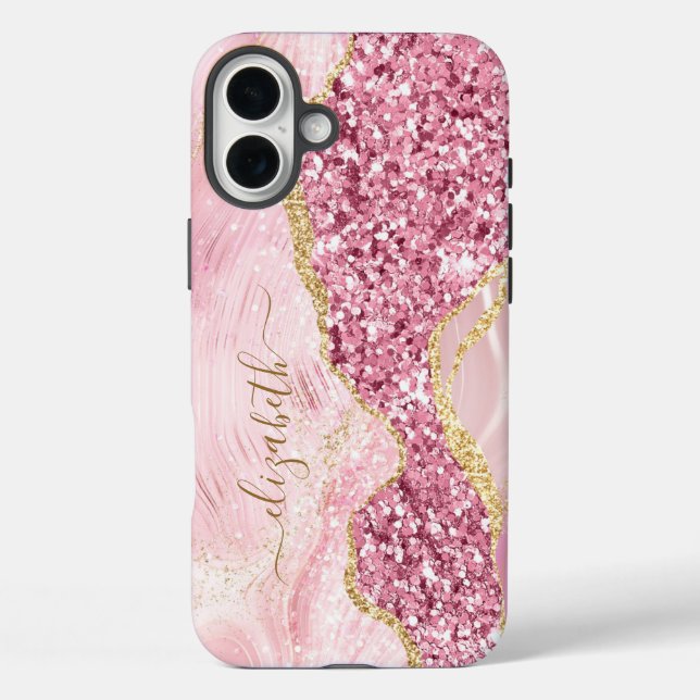 Pink Gold Agate Marmorname Skript iPhone 16 Plus Hülle (Rückseite)