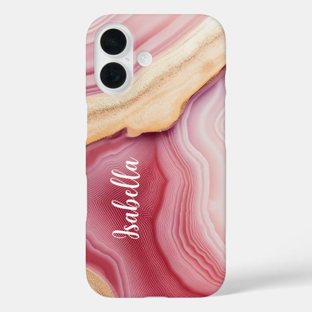 Pink Gold Agate Moderner Chic Name iPhone 16 Hülle (Rückseite)