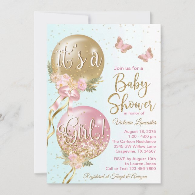 Pink Gold Aquamarin Balloons Butterflies Babydusch Einladung (Vorderseite)