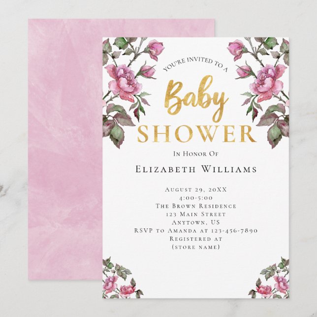 Pink Gold Aquarell Blume Girl Baby Dusche Einladung (Vorne/Hinten)
