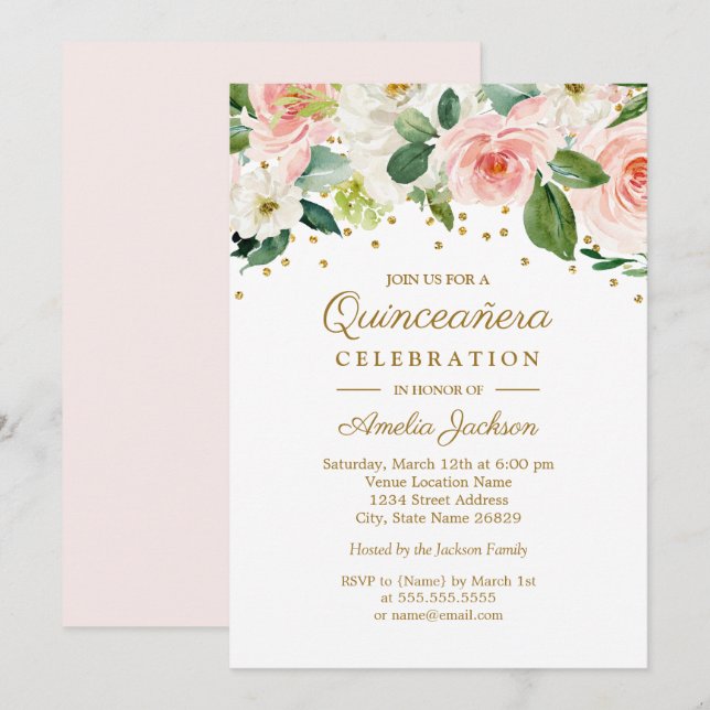 Pink Gold Aquarellfarben Quinceanera 15. Einladung (Vorne/Hinten)