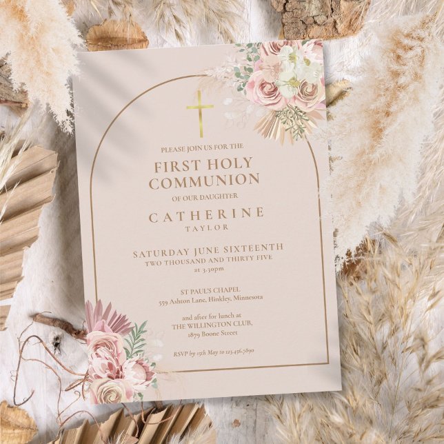 Pink Gold Arch Pampas Grass Erste Heilige Kommune Einladung (Pink Gold Arch Pampas Grass First Holy Communion Invitation)