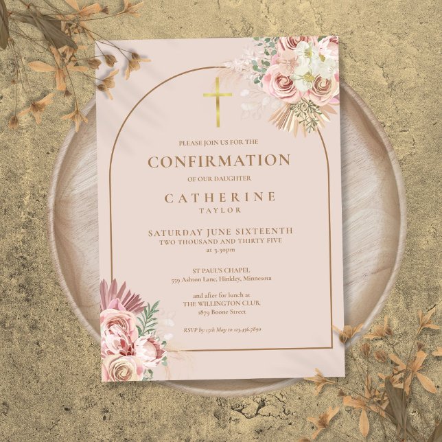 Pink Gold Arch Pampas Grass Floral Bestätigung Einladung (Pink Gold Arch Pampas Grass Floral Confirmation Invitation)