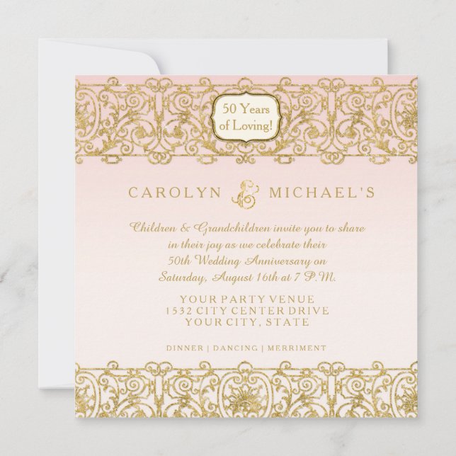 Pink Gold Art Deco Jugendstil 50 Jahre Party Einladung (Rückseite)