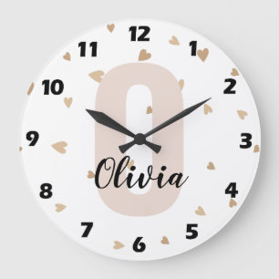 Pink Gold Ästhetik Monogramm Name mit Herzen Große Wanduhr