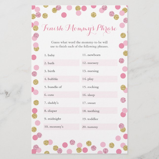 Pink & Gold Baby Dusche beenden Mommy's Phrase Gam (Vorderseite)